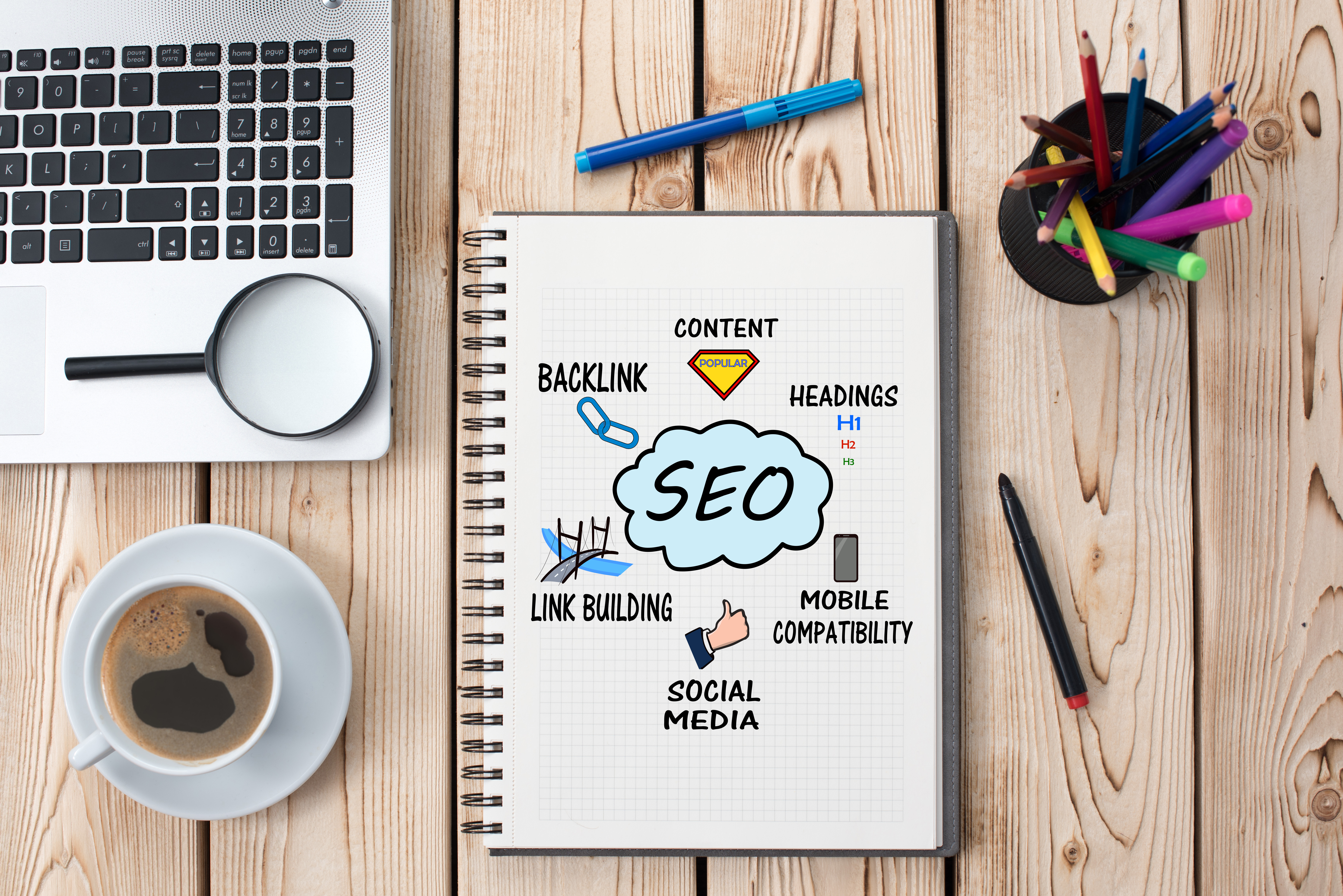 A notebook lays on a desk. Written in the notebook is the acronym SEO surrounded by other terms, including Content, Headings, Mobile Compatibility, Social Media, Link Building, and Backlink.